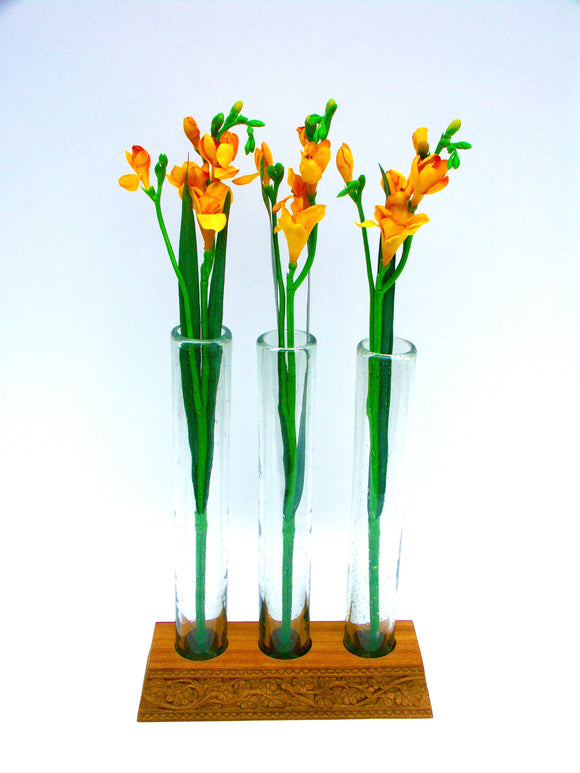 Handcrafted Blown Glass & Carved Wood Floral Vase